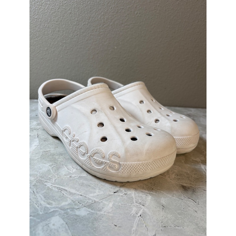 Crocs Baya Lined Clogs Mens Size 9 White Grey Fleece Insulated Slip On Shoes